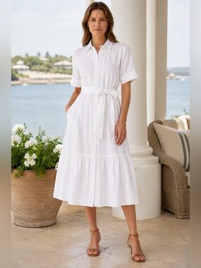 Polo Ralph Lauren White Linen Shirt Dress Belted Button Front Midi Size 8